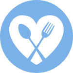 Icon of fork and spoon crossed inside a heart. Surronded by a blue circle