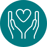 White icon of heart between pair of hands inside teal circle